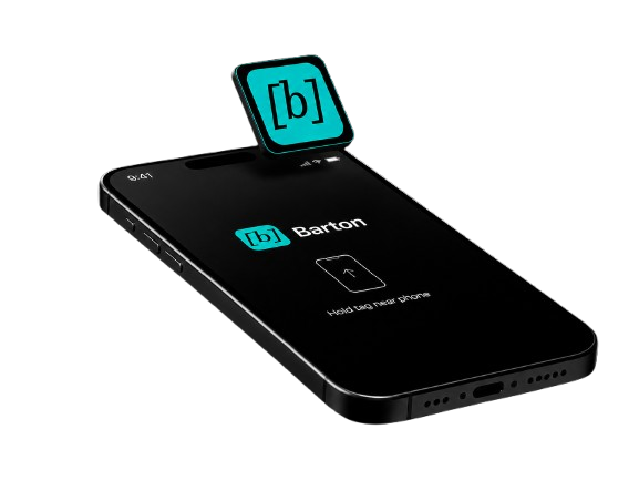 Barton tag held above a phone displaying the unlock prompt